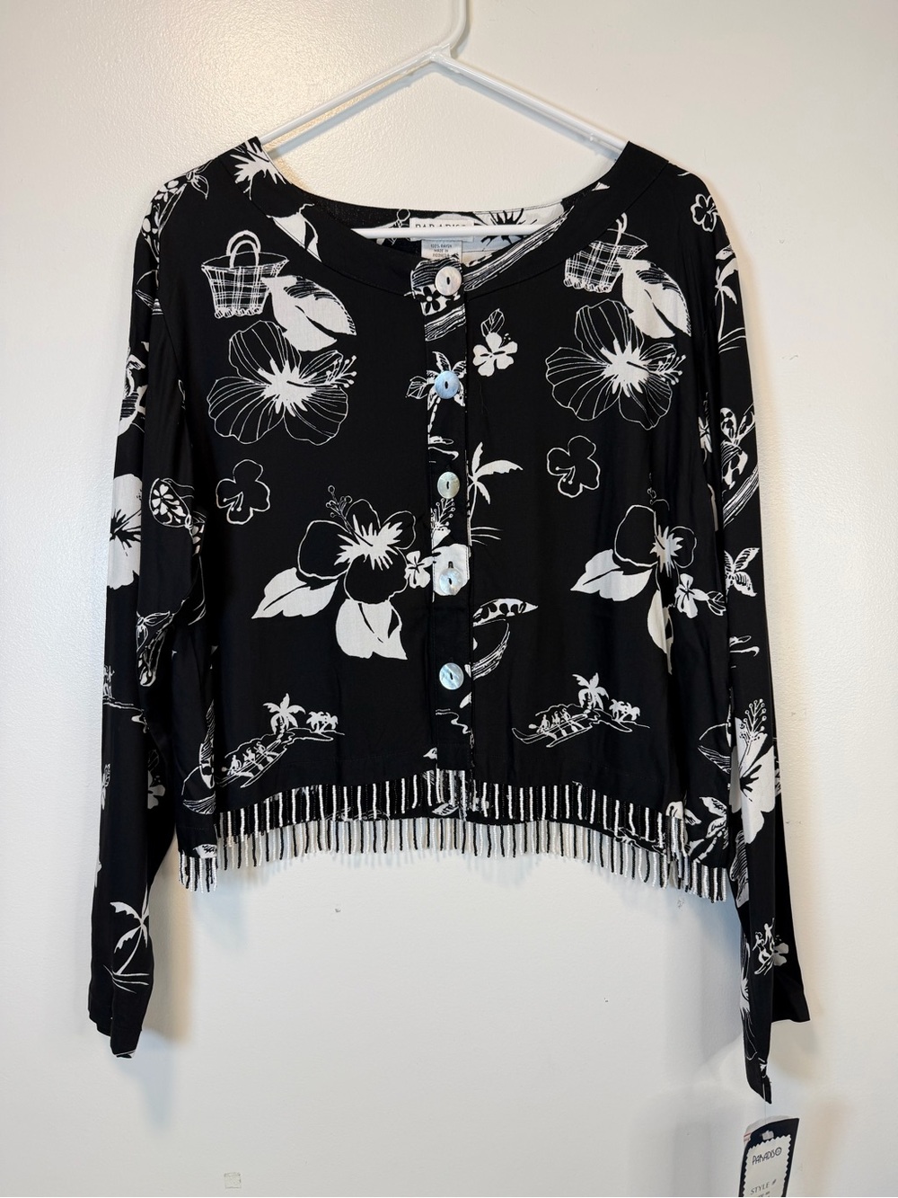 Paradiso Black & White Beaded Tropical Cropped Button‎ Up Blouse Women’s Large